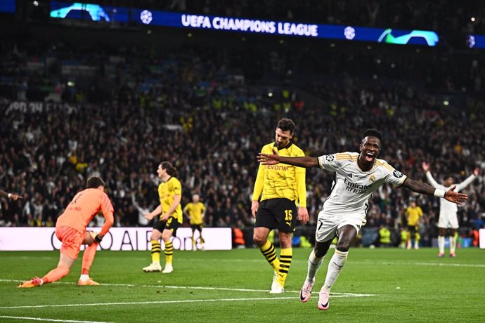 01 June 2024, United Kingdom, London: Real Madrid's Vinicius Junior celebrates scoring his side's second goal during the UEFA Champions League final soccer match between Borussia Dortmund and Real Madrid CF at Wembley Stadium. Photo: Tom Weller/dpa