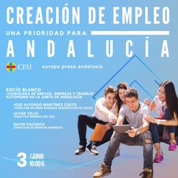 Cartel anunciador del encuentro informativo sobre creación de empleo en Andalucía organizado por Europa Press en Sevilla el lunes 3 de junio de la mano de Fundación CEU