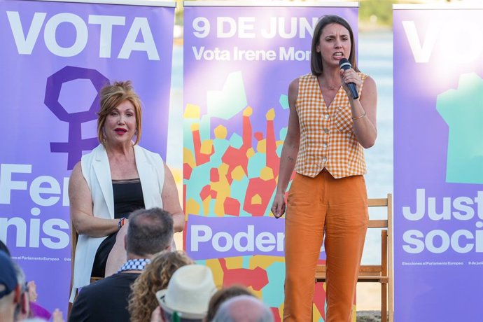 La candidata de Podemos a las elecciones europeas, Irene Montero, durante un acto de campaña del partido, en el Muelle de la Sal, a 31 de mayo de 2024, en Sevilla, Andalucía, (España). Este acto se enmarca en la campaña electoral de Podemos para las elecc