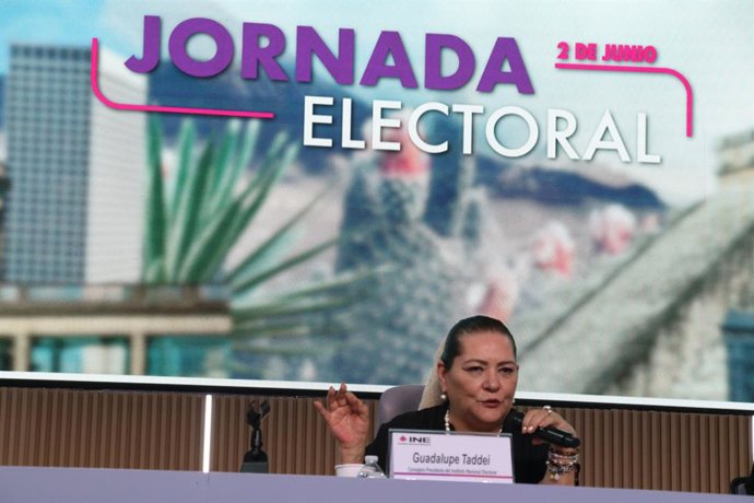 Guadalupe Taddei, Presidential Counselor of the National Electoral Institute (INE) speaks during the inauguration of the INE Press Room for the election day next Sunday, June 2 at the facilities of the National Institute Electoral