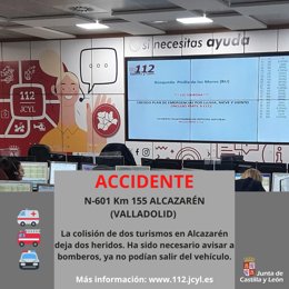 Imagen del 112 con información sobre el accidente en el que dos personas han resultado heridas en la N-601 en Alcazarén (Olmedo).