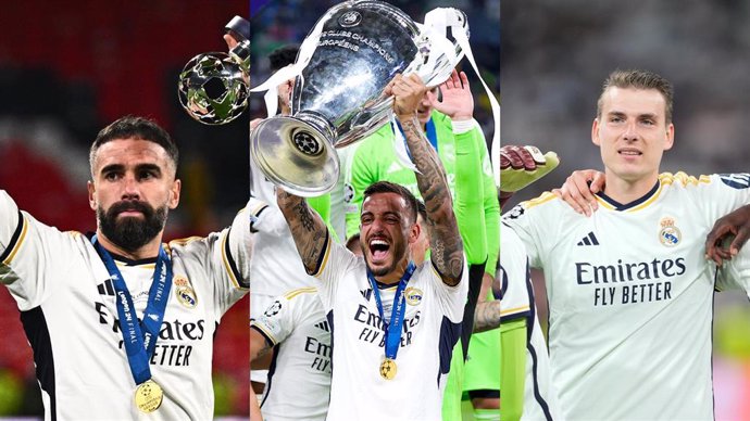 Los jugadores del Real Madrid Dani Carvajal, Joselu Mato y Andriy Lunin celebran la decimoquinta Copa de Europa conquistada en Wembley.