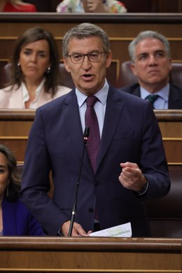 El líder del PP, Alberto Núñez Feijóo, interviene durante la sesión de control al Gobierno, en el Congreso de los Diputados, a 29 de mayo de 2024, en Madrid (España). Durante la sesión de control, la última antes de las elecciones europeas del próximo 9 d