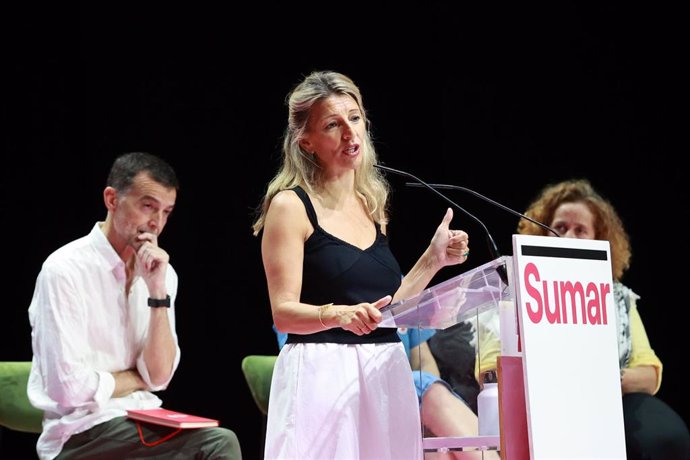 La líder de Sumar, Yolanda Díaz, intrerviene en el acto central de Sevilla. A 2 de junio de 2024, en Sevilla (Andalucía, España). 