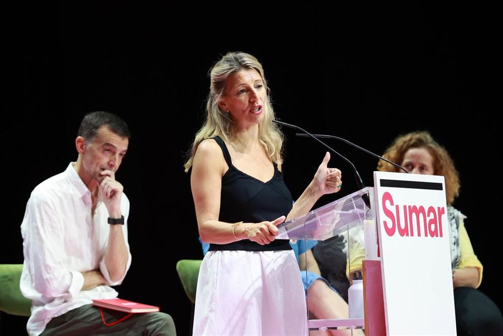La líder de Sumar, Yolanda Díaz, intrerviene en el acto central de Sevilla. A 2 de junio de 2024, en Sevilla (Andalucía, España).