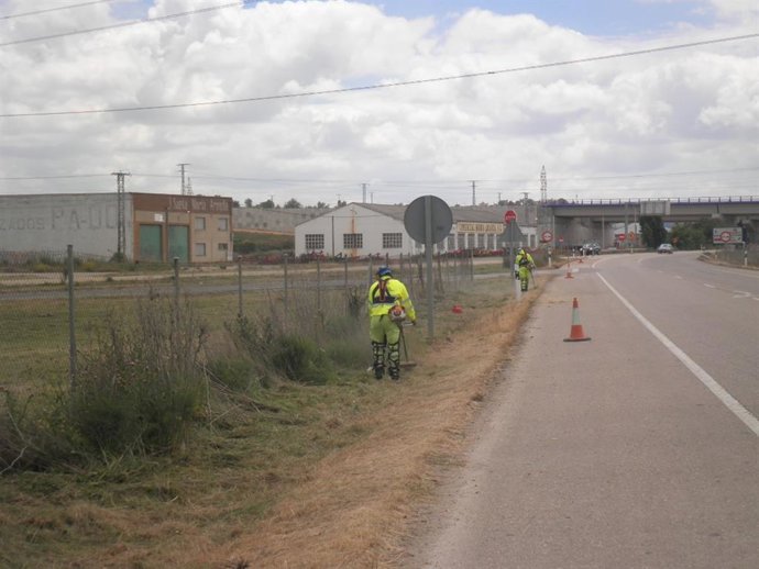 Varios operarios realizan obras de conversación en una carretera.