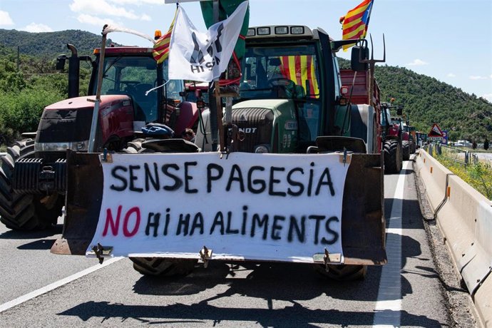 Tractores circulan durante una protesta de agricultores en la autopista AP7 a la altura de Le Perthus, en la frontera entre España y Francia.
