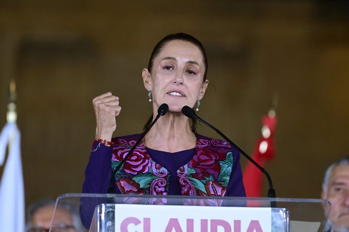 03 June 2024, Mexico, Mexico City: Mexican presidential candidate Claudia Sheinbaum Pardo gives a message to her supporters to celebrate her victory after receiving the preliminary election results of Mexico's general election. The 61-year-old led on 57.9