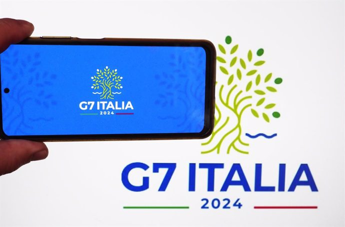 May 31, 2024, Ukraine: In this photo illustration, a 50th G7 summit logo seen displayed on a smartphone. The 50th G7 summit is set to be held from 13 to 15 June 2024 in the city of Fasano in Apulia.