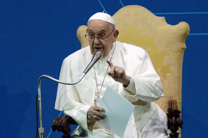 10 May 2024, Italy, Rome: Pope Francis presides over the fourth edition of the General States of the Nativity at the Auditorium Hall in Rome. Photo: Evandro Inetti/ZUMA Press Wire/dpa