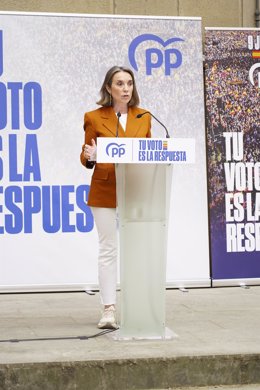 La secretaria general del PP, Cuca Gamarra, interviene durante un acto del PP con motivo de las elecciones europeas, en el Colegio de Arquitectos de La Rioja, a 1 de junio de 2024, en Logroño, La Rioja (España). Este encuentro se enmarca como parte de los