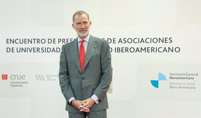 El Rey Felipe VI preside el encuentro de Presidencias de Asociaciones de Universidades del Espacio Iberoamericano, en el Instituto Cervantes, a 4 de junio de 2024, en Madrid (España). El encuentro ha sido organizado por la Secretaría General Iberoamerican