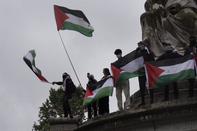 Bandera palestina durante una protesta en París