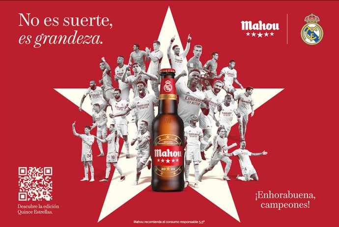 Mahou homenajea al Real Madrid colocando 15 estrellas en la etiqueta de las 'Mahou Cinco Estrellas'.