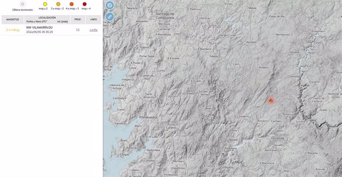 Terremoto de magnitud 2,4 registrado en Vilamarín (Ourense), el 5 de junio de 2024.