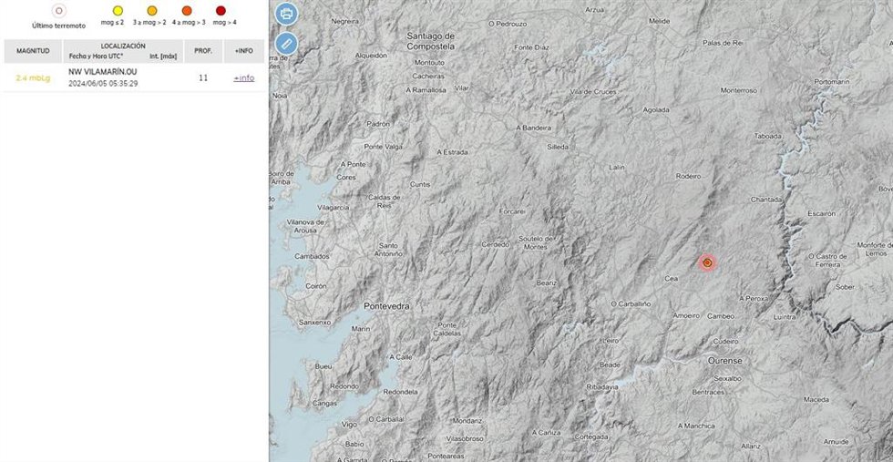 Terremoto de magnitud 2,4 registrado en Vilamarín (Ourense), el 5 de junio de 2024.