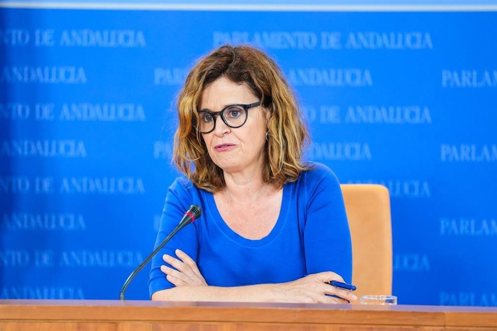 La portavoz adjunta del grupo Por Andalucía, Esperanza Gómez, en rueda de prensa en el Parlamento.