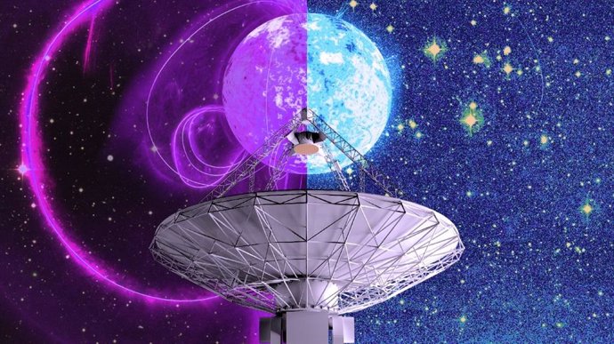 Representación artística del radiotelescopio ASKAP de CSIRO con dos versiones del misterioso objeto celeste: estrella de neutrones o enana blanca