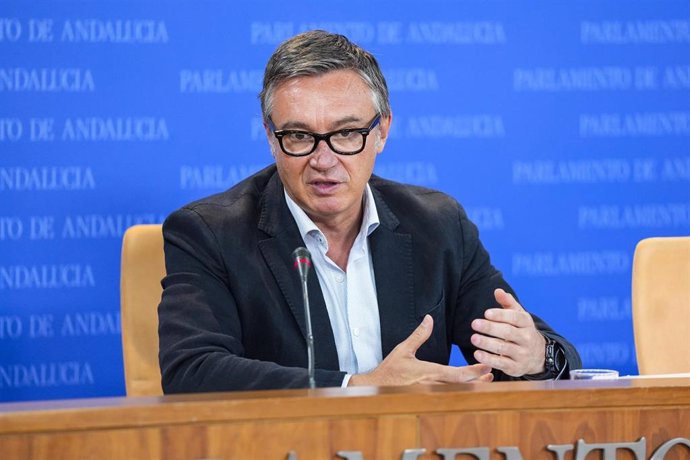 El portavoz del Grupo Parlamentario Vox, Manuel Gavira, durante la ronda de ruedas de prensa de portavoces de los grupos parlamentarios en el Parlamento de Andalucía, a 5 de junio de 2024 en Sevilla (Andalucía, España). Los portavoces de los grupos parlam