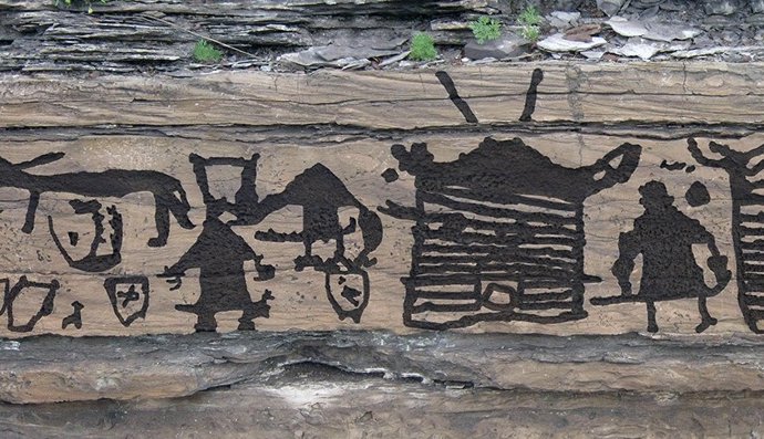 Representación de calderos en el arte rupestre de un asentamiento de la Edad del Hierro en Minusinsk, Rusia.