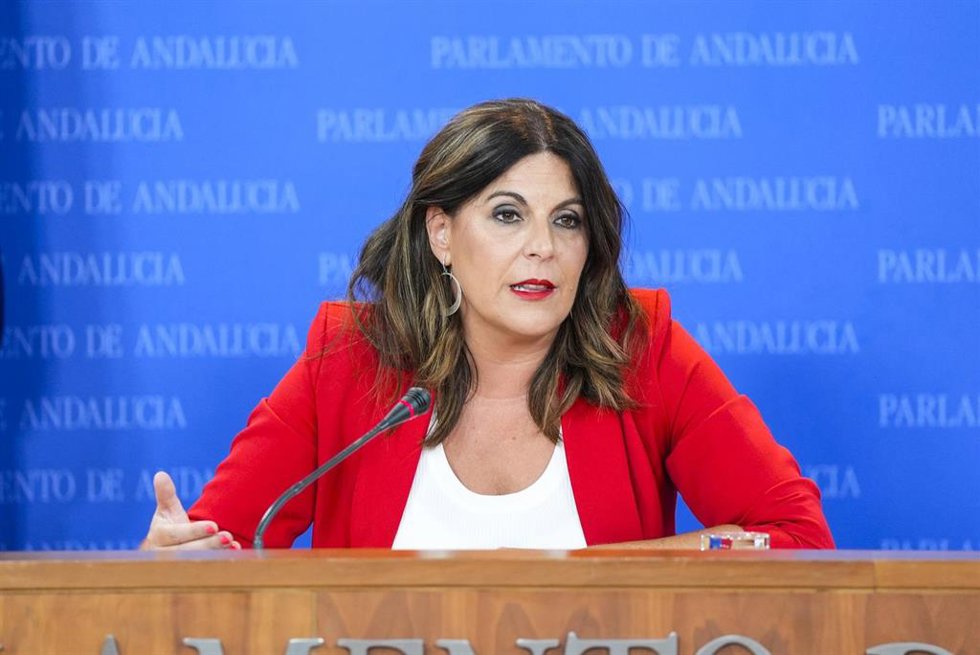 La portavoz del Grupo Parlamentario Socialista, Ángeles Férriz, durante la ronda de ruedas de prensa de portavoces de los grupos parlamentarios en el Parlamento de Andalucía, a 5 de junio de 2024 en Sevilla (Andalucía, España). Los portavoces de los gru