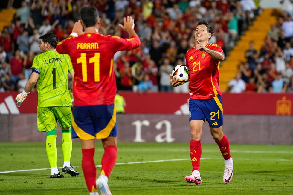 Mikel Oyarzabal of Spain celebrates a goal during International Friendly football match played between Spain and Andorra at Nuevo Viveros stadium on June 5, 2024, in Badajoz, Spain.