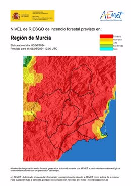 El nivel de riesgo de incendio forestal previsto para este jueves es extremo en casi toda la Región