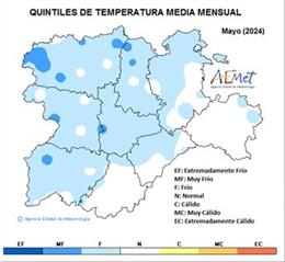 Mapa elaborado por la Aemet sobre la temperatura media registrada en CyL en el mes de mayo