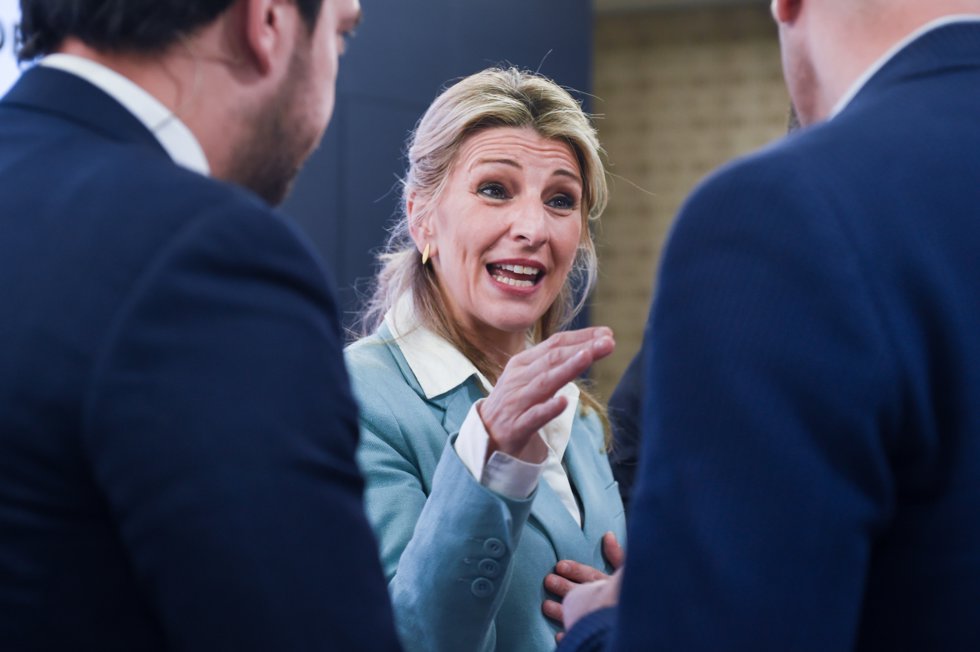 La vicepresidenta segunda y ministra de Trabajo y Economía Social, Yolanda Díaz, inaugura la jornada 'Los retos y el futuro del trabajo autónomo', en la Torre ILUNION, a 6 de marzo de 2024, en Madrid (España).