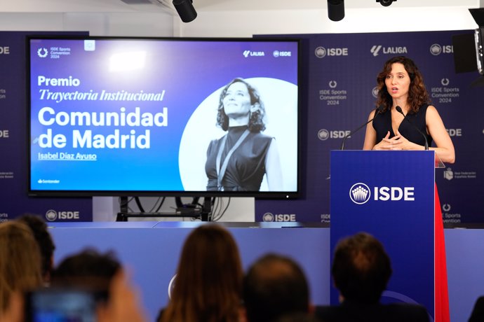 Isabel Diaz Ayuso attends during the Awards ceremony of the V Edition of the ISDE Sports Convention 2024 held at the ISDE headquarters on June 07, 2024, in Madrid, Spain.