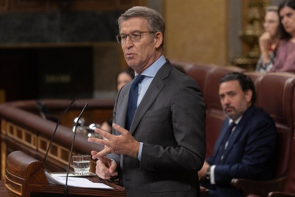 El líder del PP, Alberto Núñez Feijóo, interviene durante un pleno en el Congreso de los Diputados, a 30 de mayo de 2024, en Madrid (España). La Ley de Amnistía afronta hoy en el Pleno del Congreso su última votación parlamentaria, en la que se necesita
