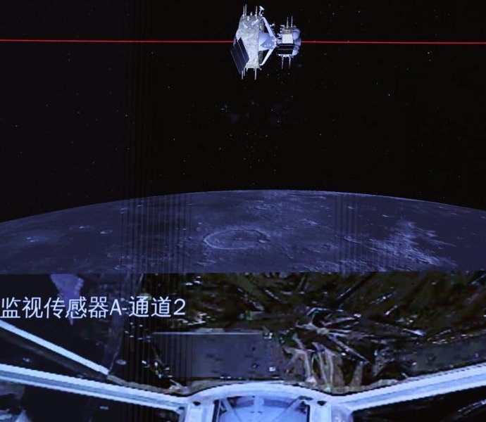 Imagen de la animación sobre el enecuentro en órbita lunar del módulo que tare muestras de la cara ocylta lunar y el destinado a llevarlas a la Tierra