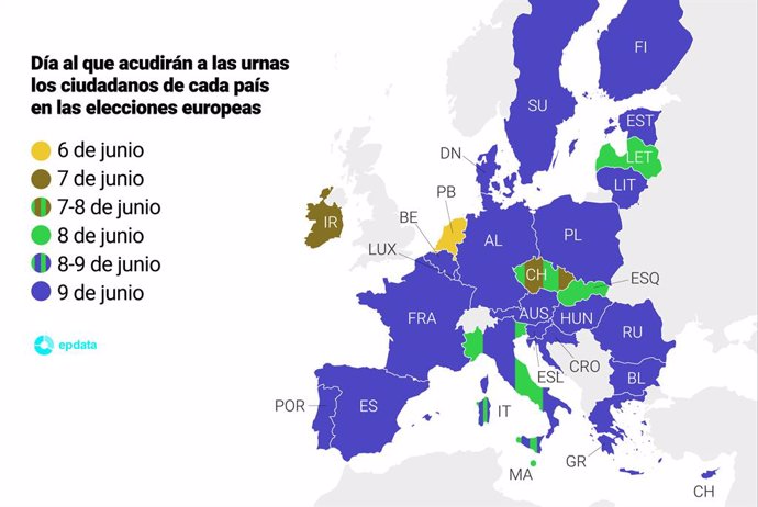 Mapa que representa cuándo acude la población de cada país en las urnas en las elecciones al Parlamento Europeo que se celebran entre el 6 y el 9 de junio.