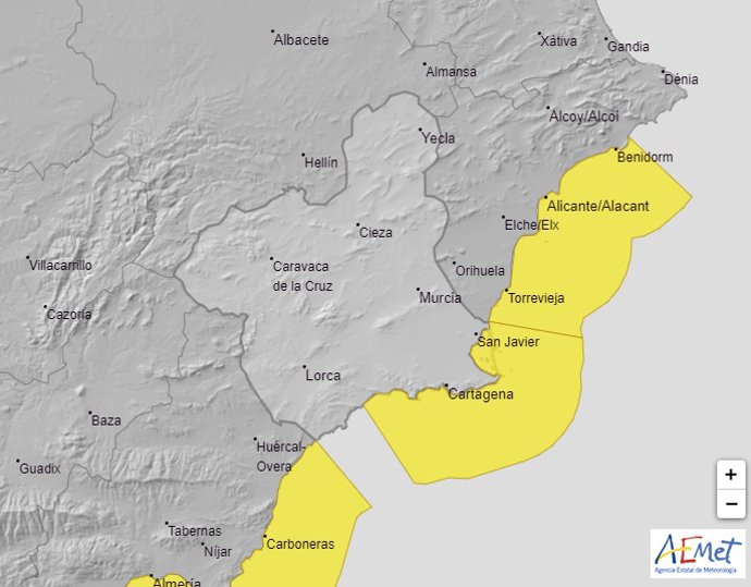 Mapa que muestra los avisos activos por la Aemet