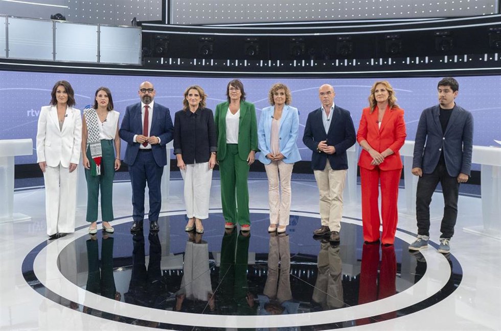 Oihane Agirregoitia (Coalición por una Europa Solidaria); Irene Montero (Podemos); Jordi Cañas (Ciudadanos); Teresa Ribera (PSOE); Diana Riba (Ahora Repúblicas); Dolors Montserrat (PP); Jorge Buxadé (Vox); Estrella Galán (Sumar), y Aleix Sarri (JUnts)