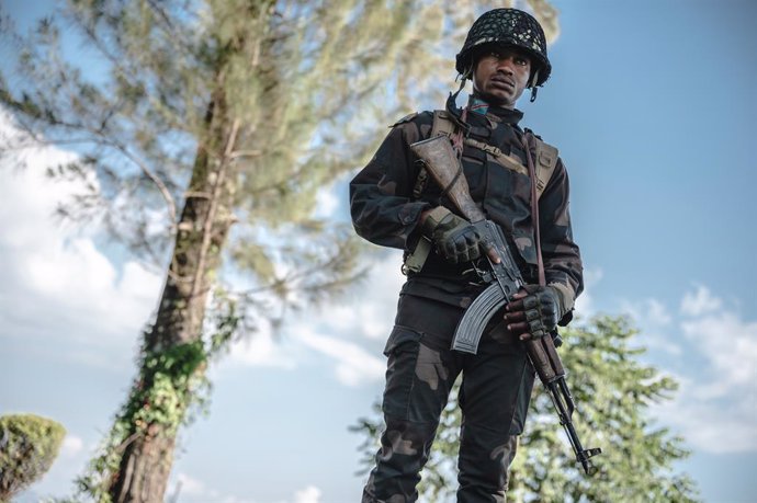 GOMA (DR CONGO), May 8, 2024  -- Photo taken on April 11, 2024 shows a soldier of the Congolese Army standing guard in Goma, North Kivu province, eastern Democratic Republic of the Congo (DRC). Plunged into conflict with armed rebels and overwhelmed by on