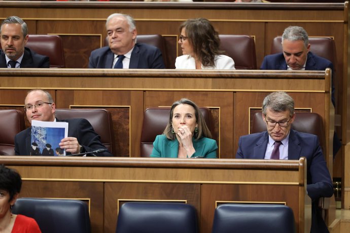 Archivo - El portavoz del Grupo Popular en el Congreso, Miguel Tellado; la secretaria general del PP, Cuca Gamarra, y el presidente del partido, Alberto Núñez Feijóo, en una sesión de control al Gobierno 