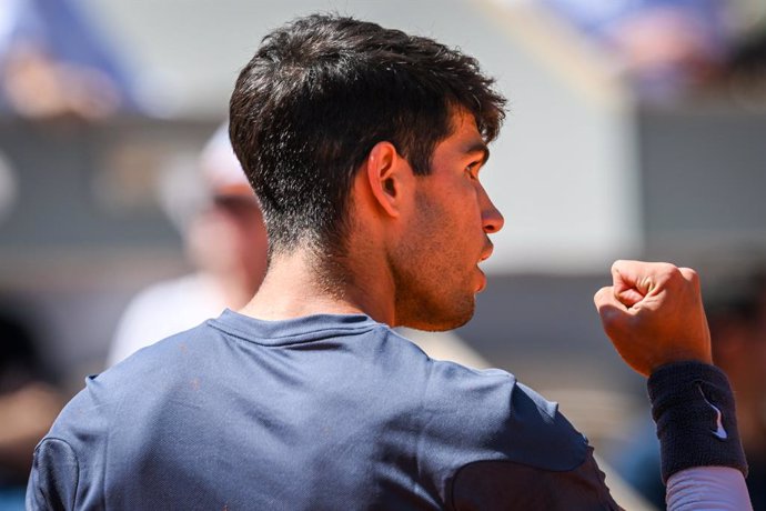 Carlos ALCARAZ of Spain celebrates his point during the thirteenth day of Roland-Garros 2024, ATP and WTA Grand Slam tennis tournament on June 07, 2024 at Roland-Garros stadium in Paris, France - Photo Matthieu Mirville / DPPI