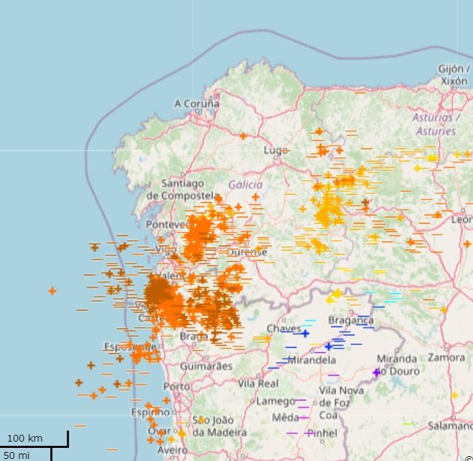 Rayos registrados en Galicia en la tarde del 7 de junio