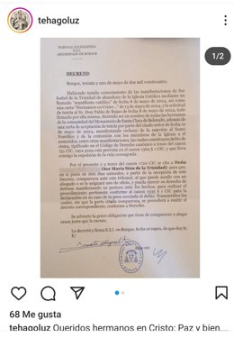 Captura del documento publicado por las monjas de Belorado a través de Instagram.