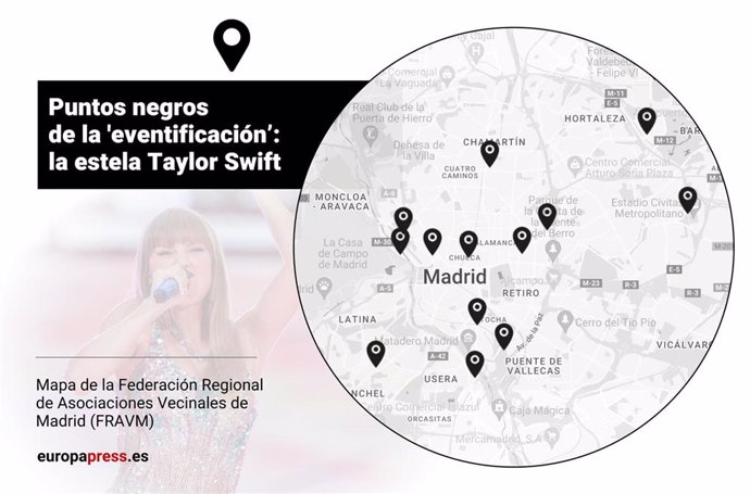 Asociaciones vecinales, coordinadas por la Federación Regional de Vecinos de Madrid (FRAVM), elaboran un mapa con los puntos negros de la 'eventificación'