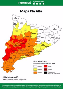 Mapa d'avisos per perill d'incendi a Catalunya, a 8 de juny del 2024