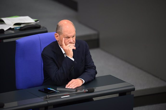 06 June 2024, Berlin: German Chancellor Olaf Scholz sits in the German Bundestag during the debate on the current security situation. Photo: Sabina Crisan/dpa