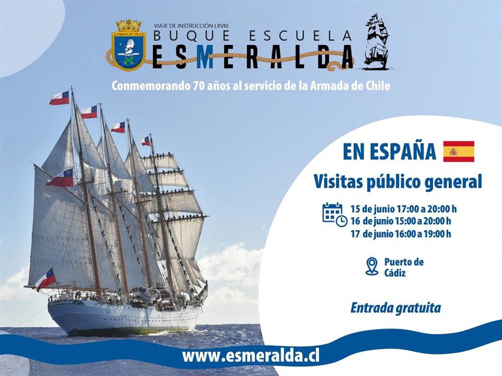 Cartel de visitas al buque escuela Esmeralda en Cádiz.