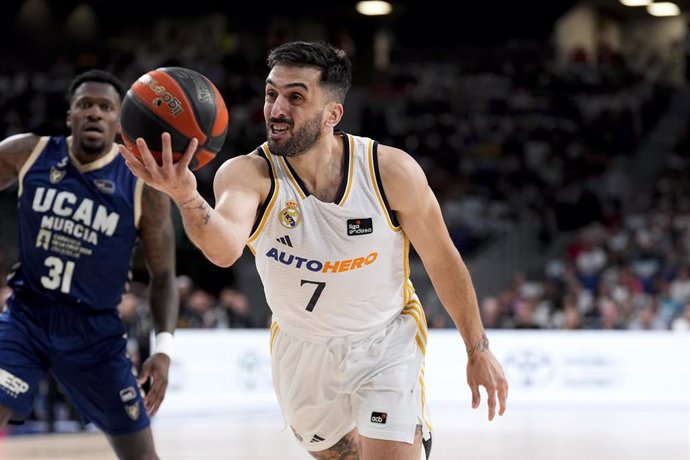 Facundo Campazzo of Real Madrid in action during the Spanish League, Liga ACB Endesa Final 1, basketball match played between Real Madrid and UCAM Murcia at Wizink Center pavilion on June 08, 2024, in Madrid, Spain.