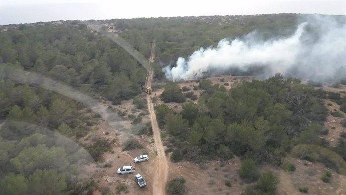 Imágenes aéreas del incendio iniciado este domingo en la zona de Can Corda en Formentera.