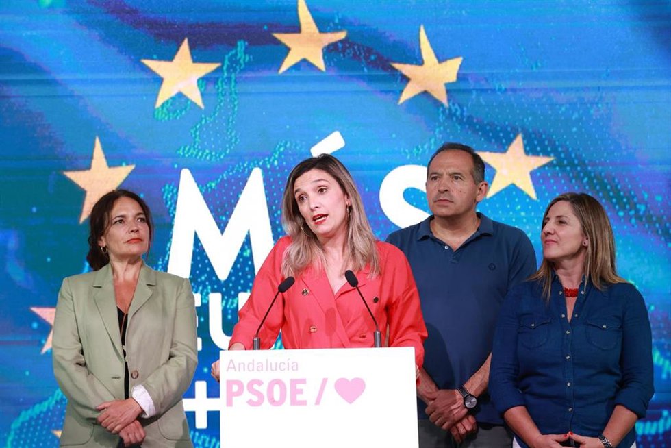 La portavoz del PSOE-A, María Márquez, comparece para valorar los resultados de la noche electoral. A 09 de junio de 2024, en Sevilla (Andalucía, España).