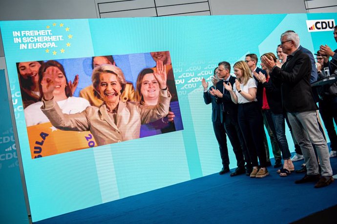 09 June 2024, Berlin: Ursula von der Leyen (L), President of the European Commission, reacts after the European election results at the Konrad Adenauer House. Photo: Fabian Sommer/dpa