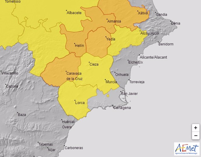 Mapa que muestra los avisos activos en la Región de Murcia por lluvias y tormentas