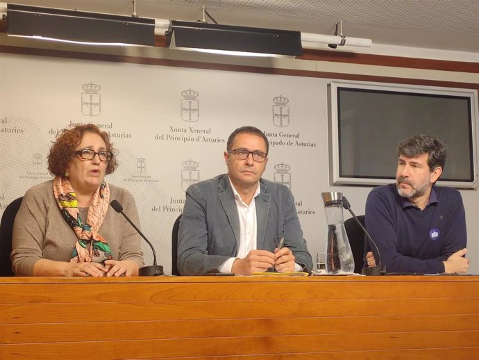 La representante sindical de CSIF Cristina Esteban; el diputado del PP José Luis Costillas; y el violinista Pablo de la Carrera, durante una rueda de prensa en la Junta General del Principado